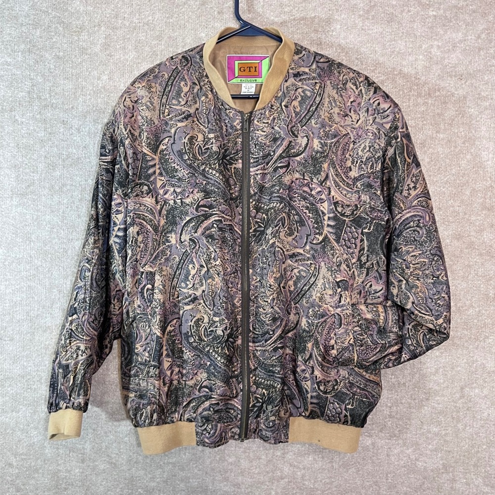 Vintage GTI Exclusive Silk Bomber Jacket Womens Medium Paisley Full Zip Retro